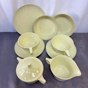 Mixed Lot Yellow Speckled Melamine 9 Pcs 2 Cup/Saucer/Bowl 1 Plate Creamer/Sugar